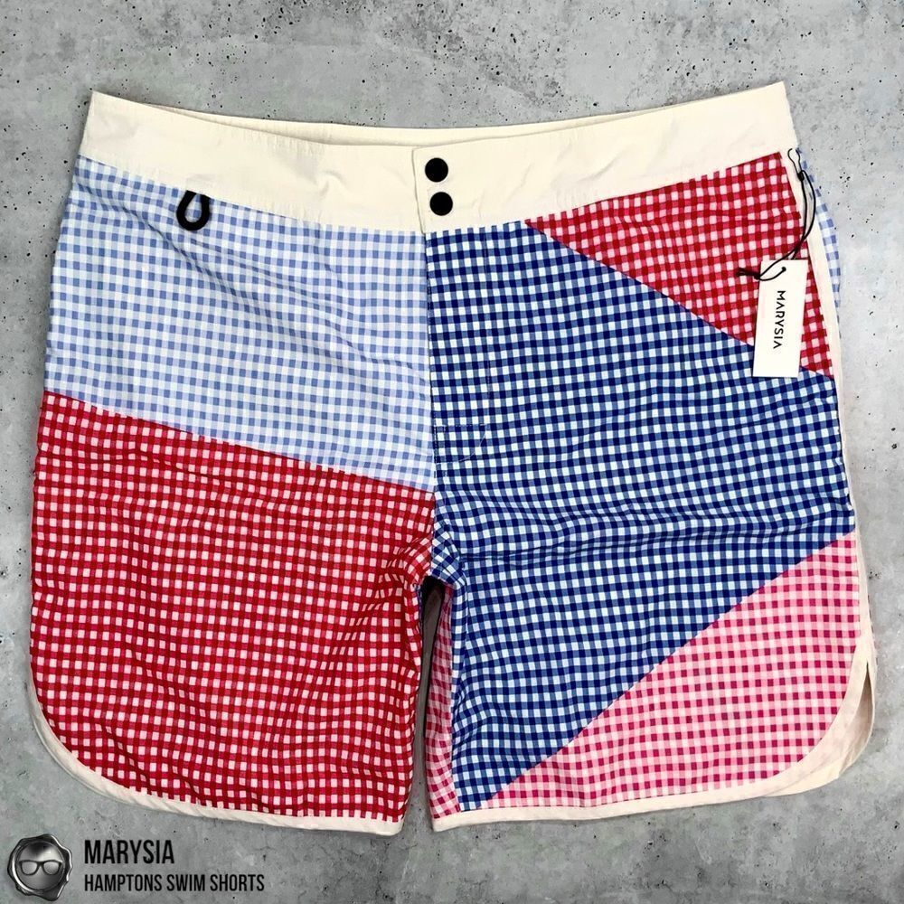 MARYSIA MEN’S HAMPTONS SWIM SHORTS IN RED & BLUE GINGHAM PATCHWORK MADRAS TRUNKS